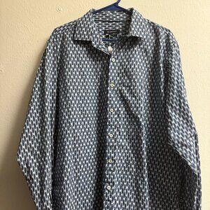 Men's Bugatchi Blue/White Pattern Long Sleeve Button Shirt, Cotton Size: L, EUC